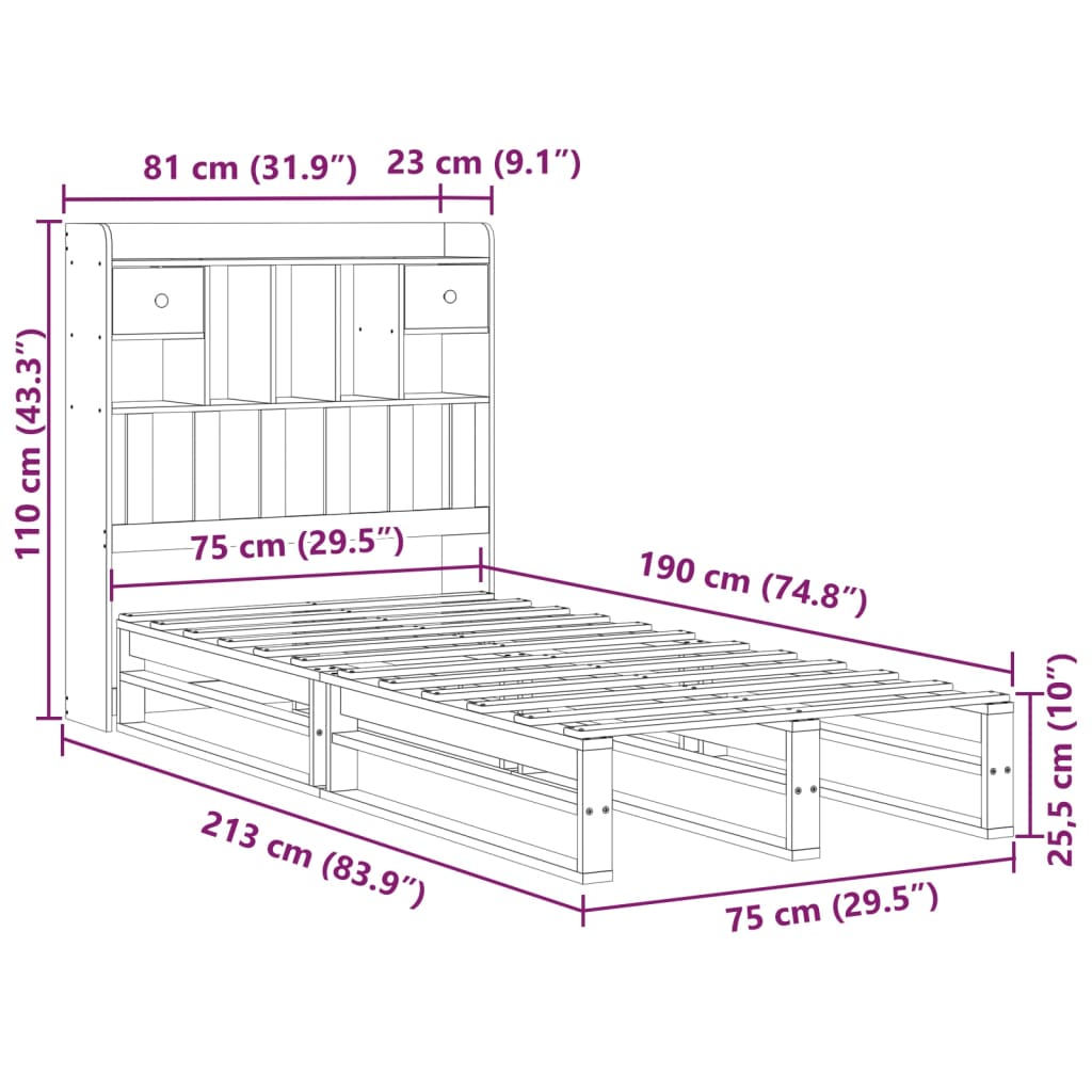 Bed met boekenkast zonder matras grenenhout wasbruin 75x190 cm is nu te koop bij PeponiXL, paradijselijk wonen!