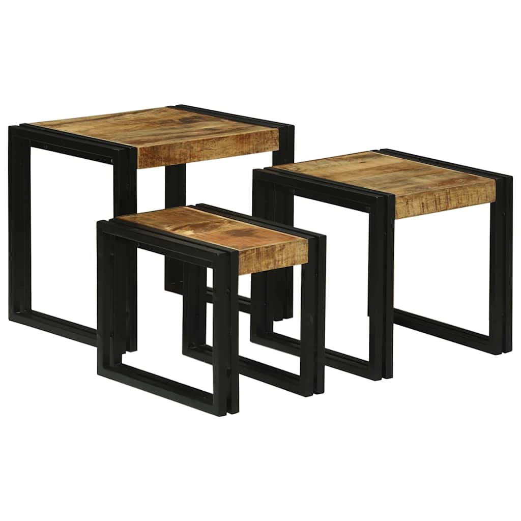Nesttafel 3 pcs Bruin en zwart Massief Mangohout en Metaal is nu te koop bij PeponiXL, paradijselijk wonen!