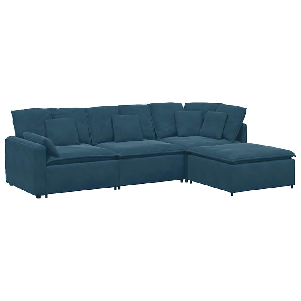 Modulaire bank met voetenbank en kussens fluweel blauw