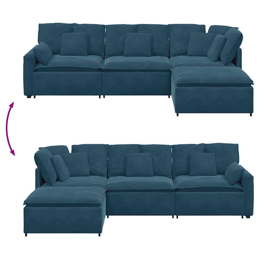 Modulaire bank met voetenbank en kussens fluweel blauw