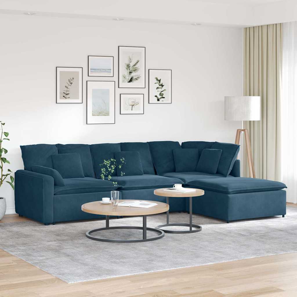 Modulaire bank met voetenbank en kussens fluweel blauw