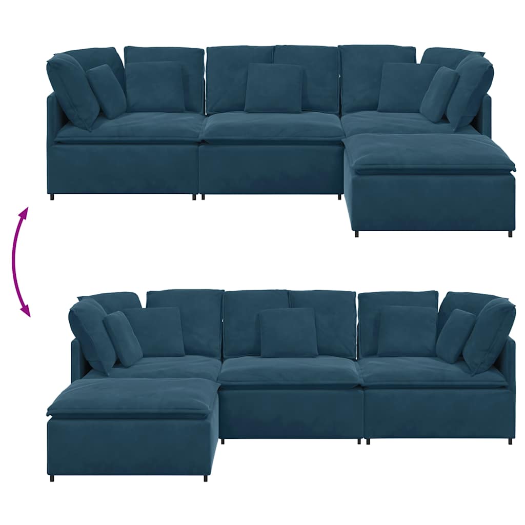 Modulaire bank met voetenbank en kussens fluweel blauw