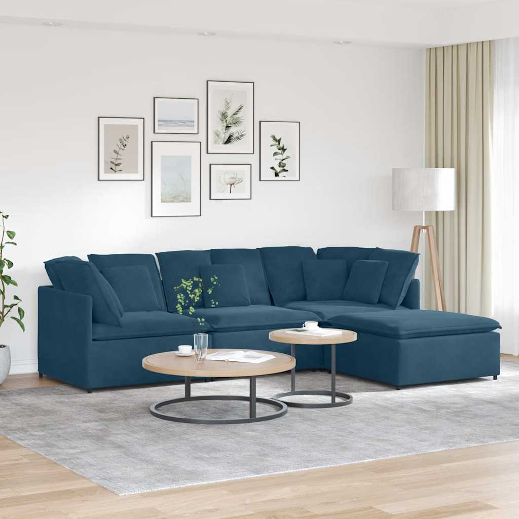 Modulaire bank met voetenbank en kussens fluweel blauw