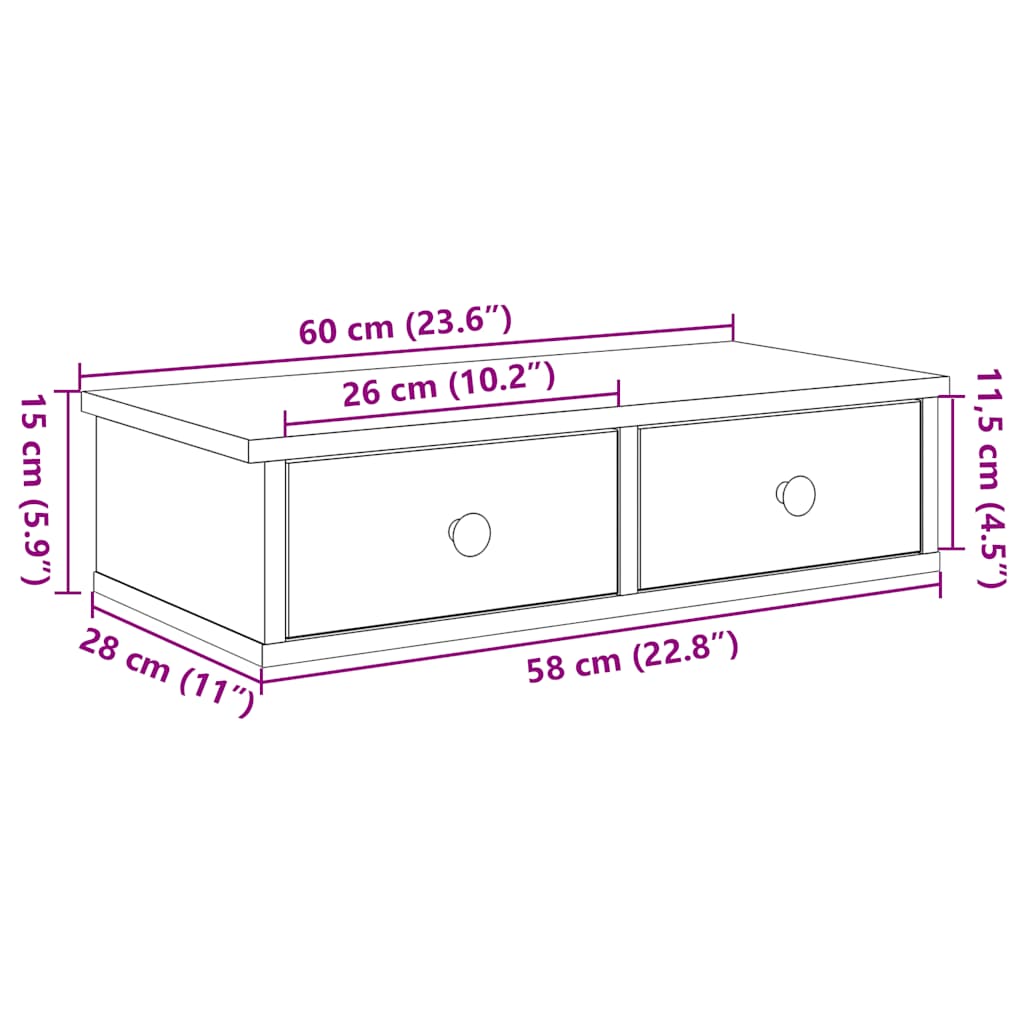 Wandschap met lades 60x28x15 cm bewerkt hout oud houtkleurig is nu te koop bij PeponiXL, paradijselijk wonen!