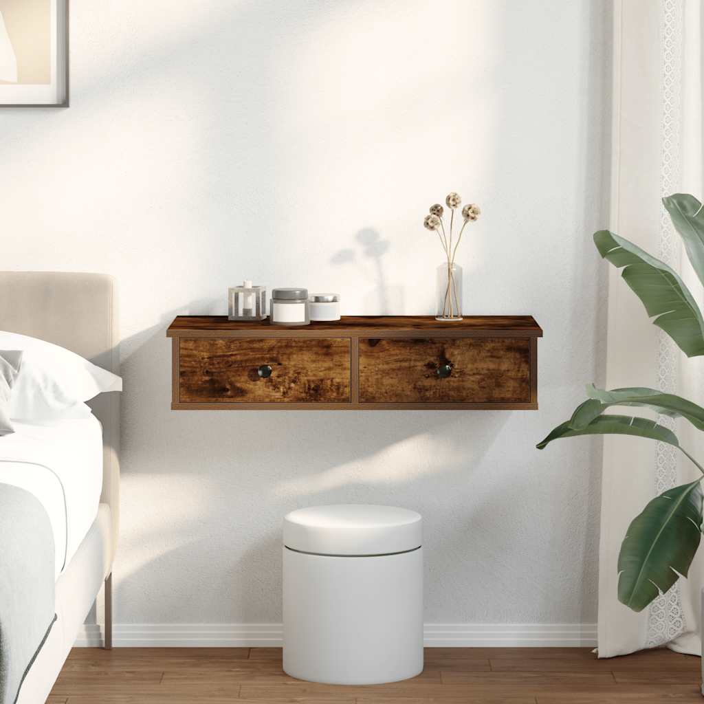 Wandschap met lades 80x31x17 cm bewerkt hout gerookt eikenkleur is nu te koop bij PeponiXL, paradijselijk wonen!