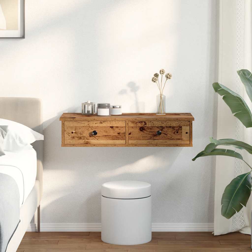 Wandschap met lades 80x31x17 cm bewerkt hout oud houtkleurig is nu te koop bij PeponiXL, paradijselijk wonen!