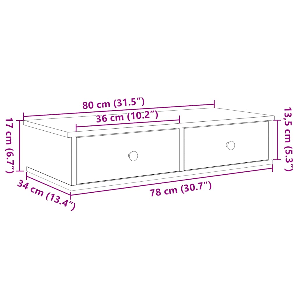 Wandschap met lades 80x31x17 cm bewerkt hout oud houtkleurig is nu te koop bij PeponiXL, paradijselijk wonen!