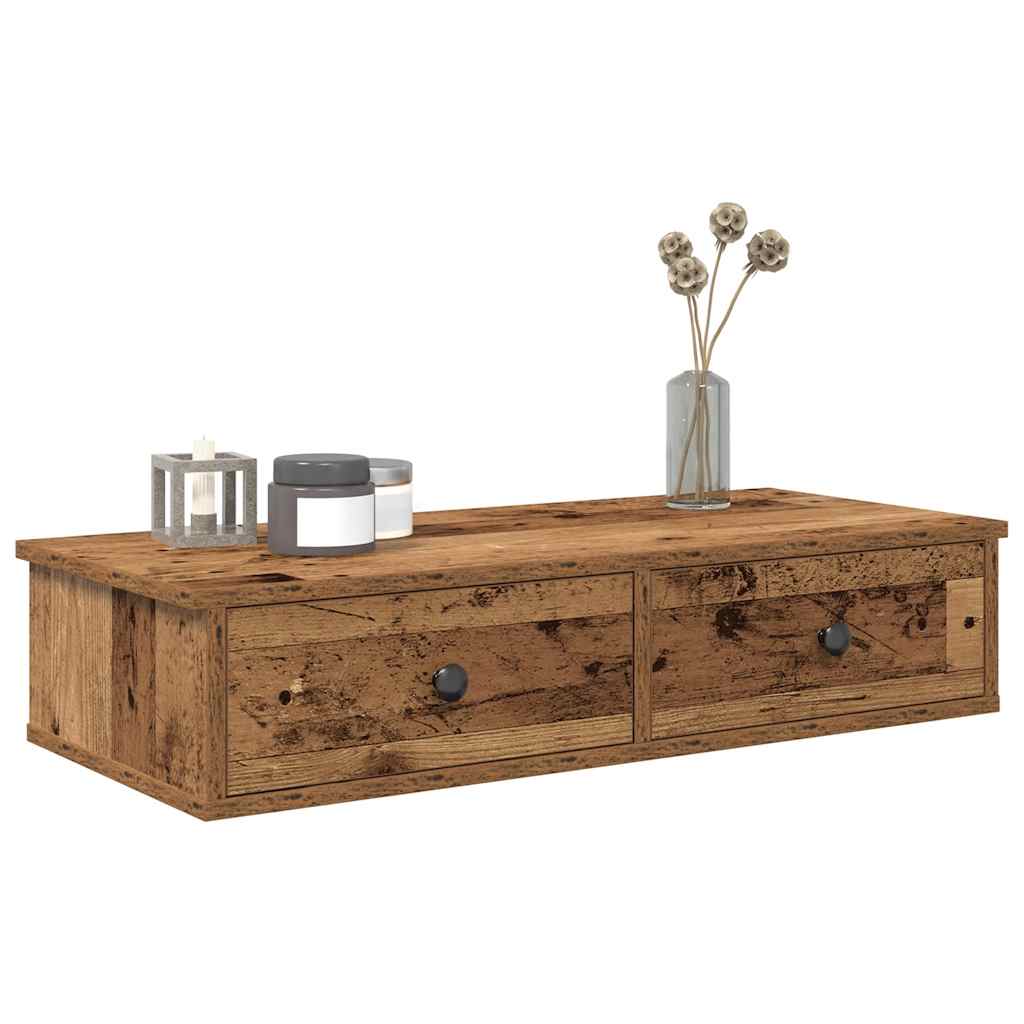 Wandschap met lades 80x31x17 cm bewerkt hout oud houtkleurig is nu te koop bij PeponiXL, paradijselijk wonen!