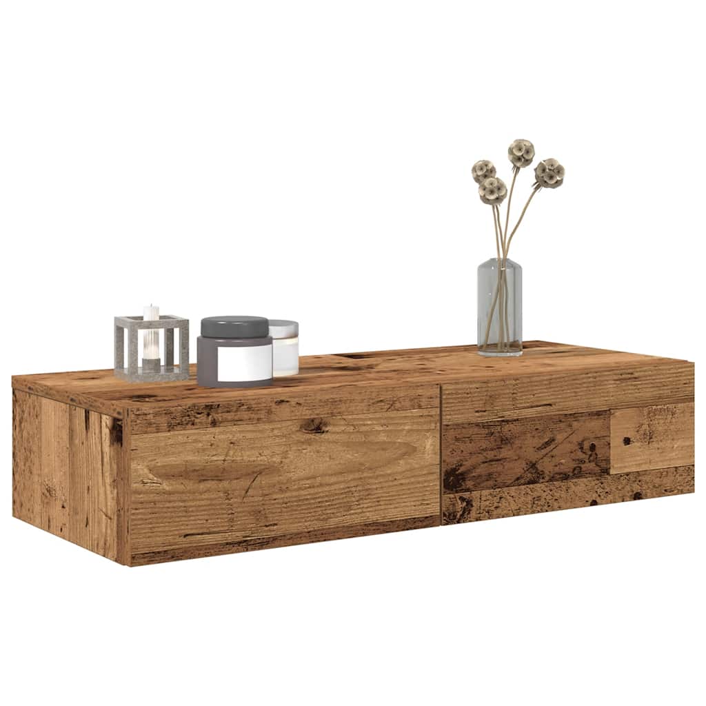 Wandschap met lades 80x33x17 cm bewerkt hout oud houtkleurig is nu te koop bij PeponiXL, paradijselijk wonen!