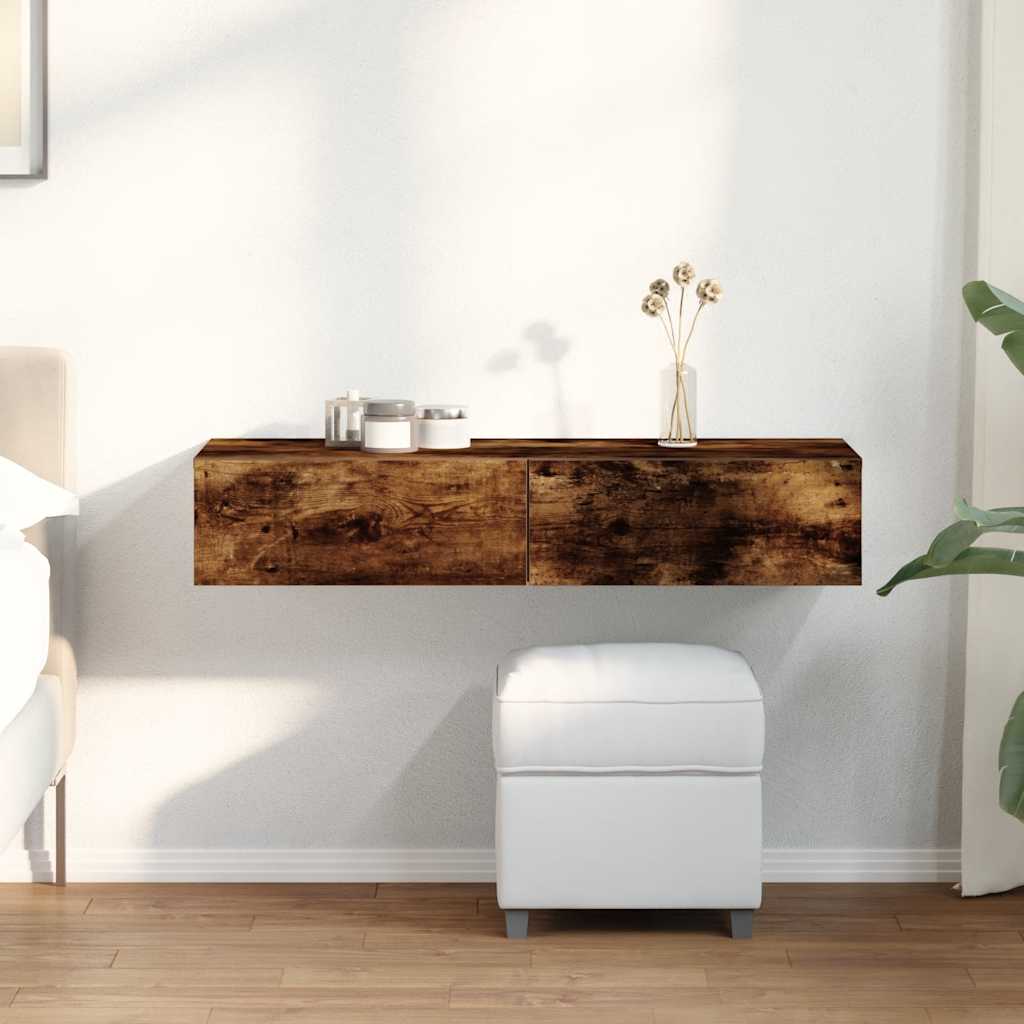Wandschap met lades 100x36x19cm bewerkt hout gerookt eikenkleur is nu te koop bij PeponiXL, paradijselijk wonen!