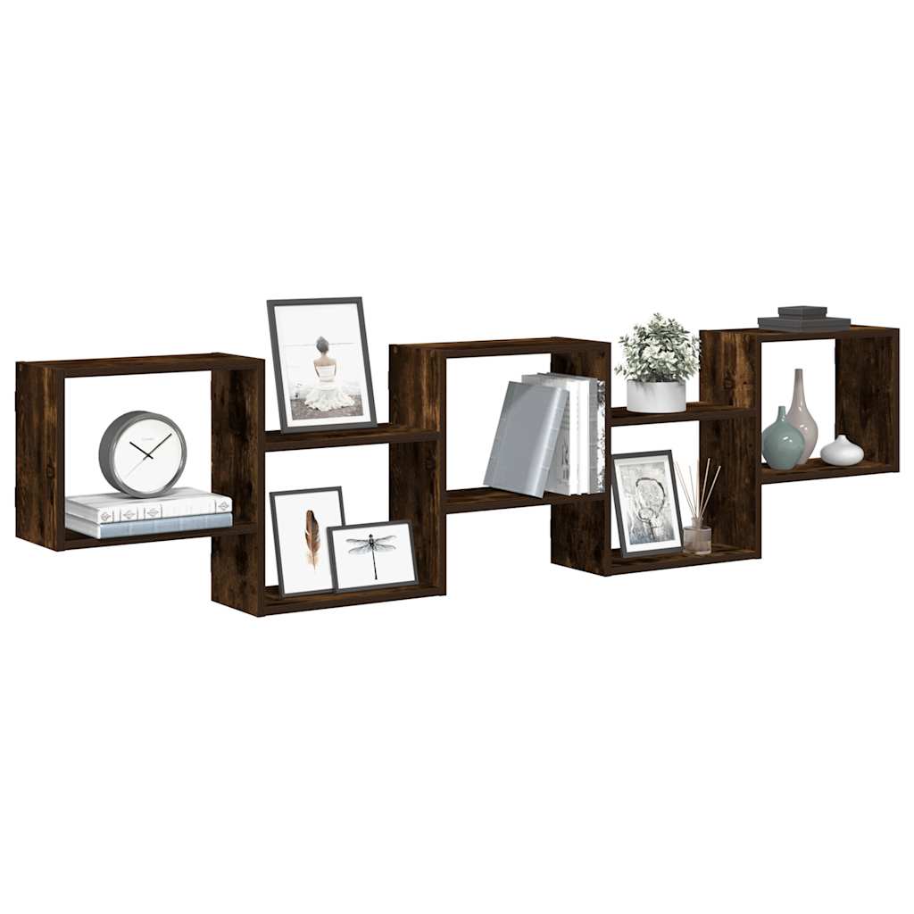 Wandschap kubus 5 vakken bewerkt hout gerookt eikenkleurig is nu te koop bij PeponiXL, paradijselijk wonen!
