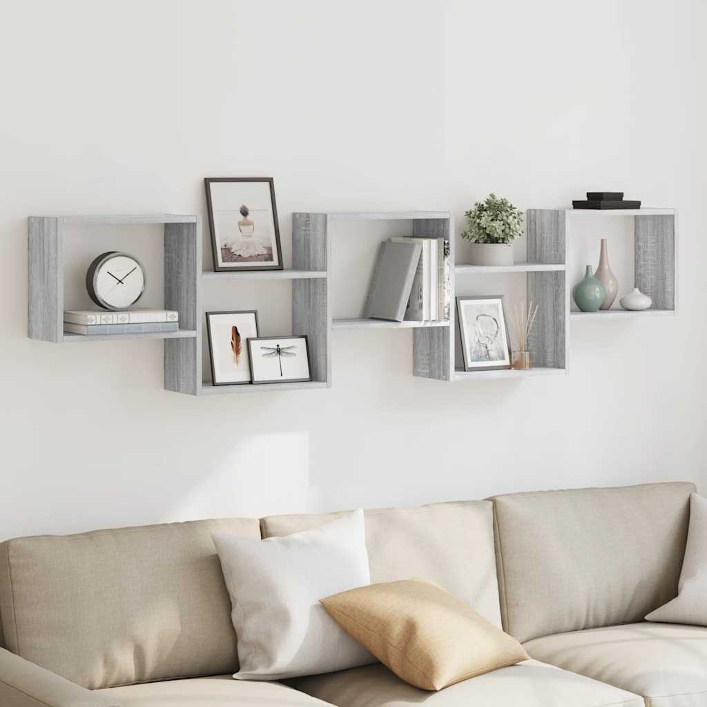 Wandschap kubus 5 vakken bewerkt hout grijs sonoma eikenkleurig is nu te koop bij PeponiXL, paradijselijk wonen!