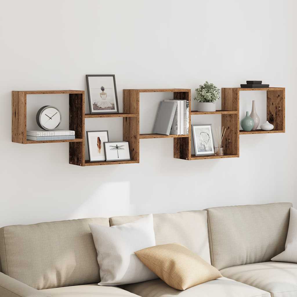 Wandschap kubus 5 vakken bewerkt hout oud houtkleurig is nu te koop bij PeponiXL, paradijselijk wonen!
