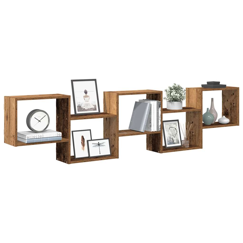 Wandschap kubus 5 vakken bewerkt hout oud houtkleurig is nu te koop bij PeponiXL, paradijselijk wonen!