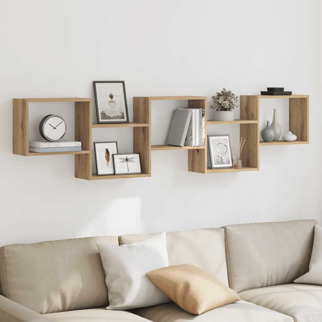 Wandschap kubus 5 vakken bewerkt hout artisanaal eikenkleurig is nu te koop bij PeponiXL, paradijselijk wonen!