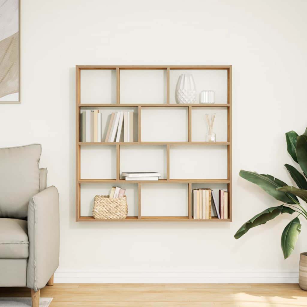 Wandschap kubus 12 vakken bewerkt hout artisanaal eikenkleurig is nu te koop bij PeponiXL, paradijselijk wonen!