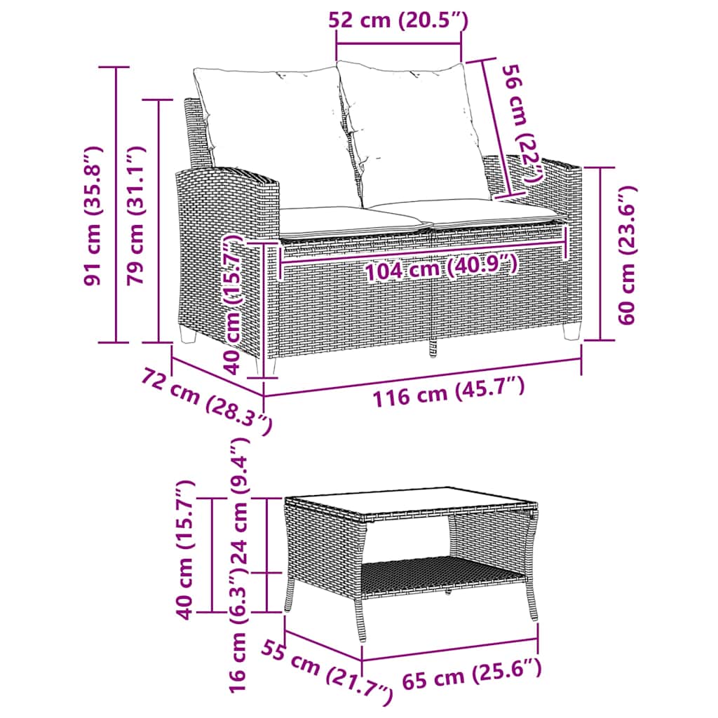 Tuinbank 2-zits met kussens & tafel poly rattan beige is nu te koop bij PeponiXL, paradijselijk wonen!