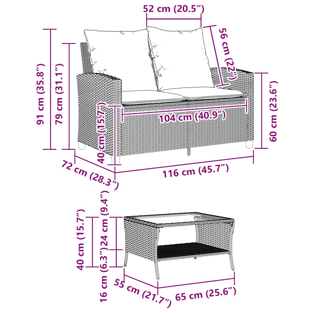 Tuinbank 2-zits met kussens & tafel poly rattan lichtgrijs is nu te koop bij PeponiXL, paradijselijk wonen!