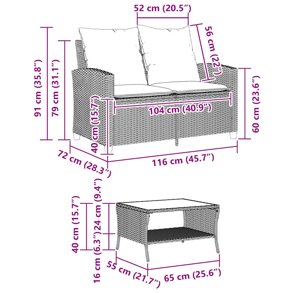 Tuinbank 2-zits met kussens & tafel poly rattan grijs is nu te koop bij PeponiXL, paradijselijk wonen!