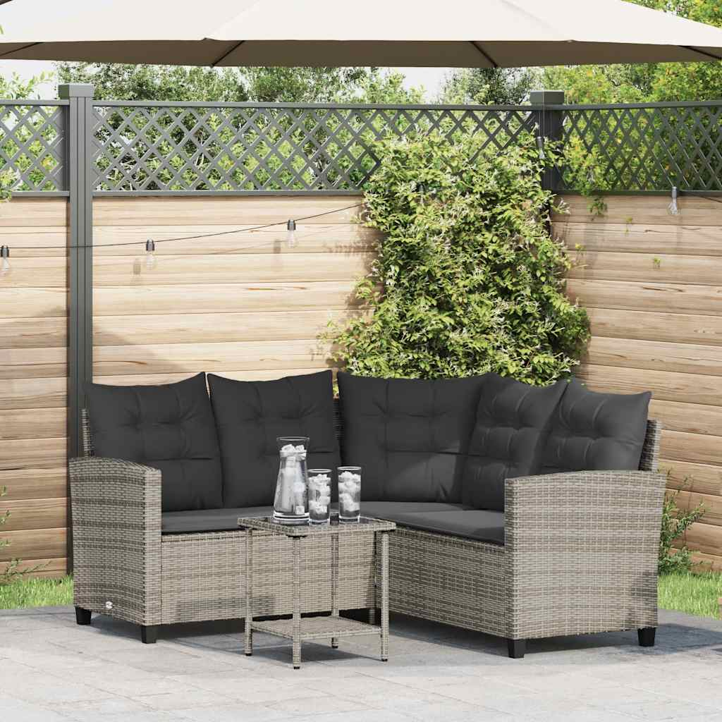 Tuinbank met tafel en kussens L-vormig poly rattan grijs is nu te koop bij PeponiXL, paradijselijk wonen!