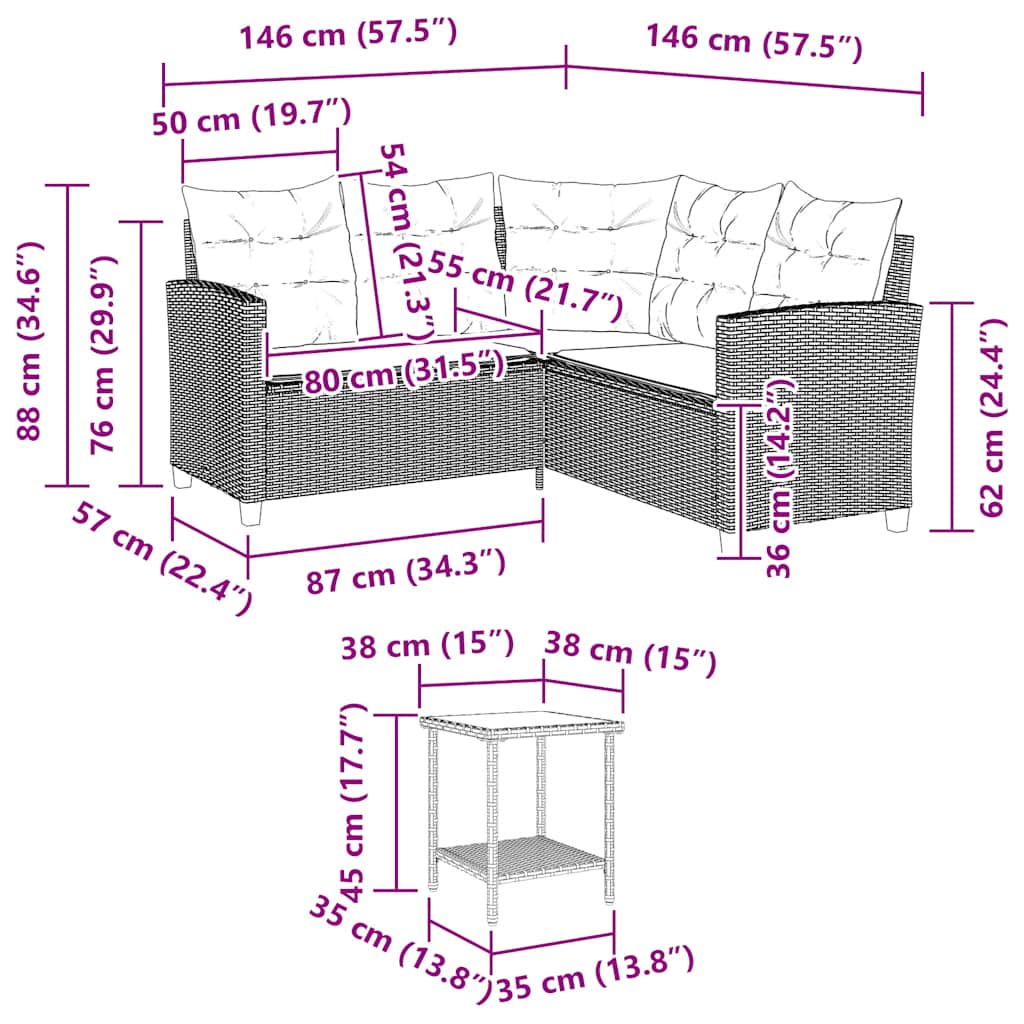 Tuinbank met tafel en kussens L-vormig beige poly rattan is nu te koop bij PeponiXL, paradijselijk wonen!