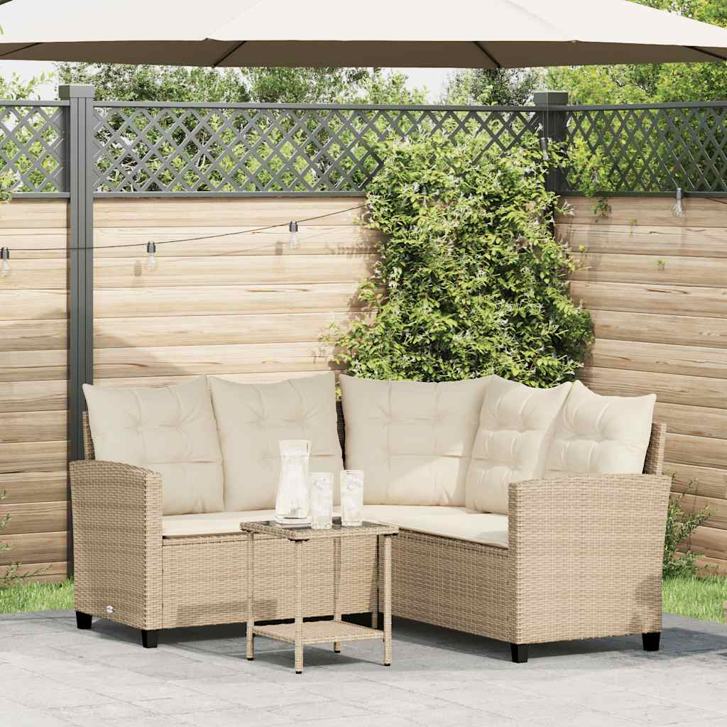 Tuinbank met tafel en kussens L-vormig beige poly rattan is nu te koop bij PeponiXL, paradijselijk wonen!
