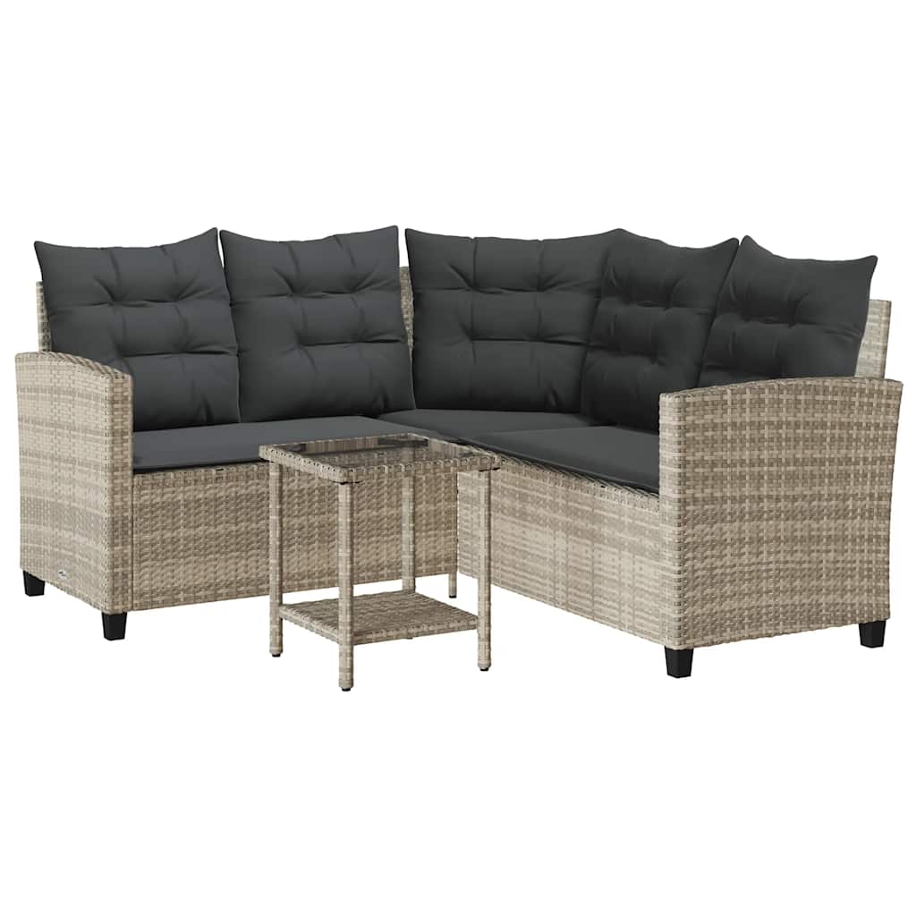 Tuinbank met tafel en kussens L-vormig poly rattan lichtgrijs is nu te koop bij PeponiXL, paradijselijk wonen!