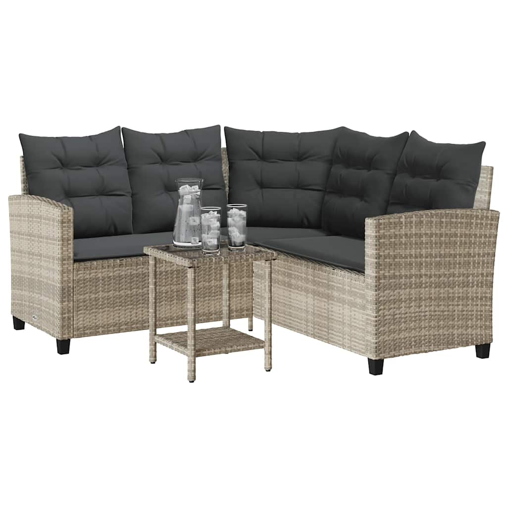Tuinbank met tafel en kussens L-vormig poly rattan lichtgrijs is nu te koop bij PeponiXL, paradijselijk wonen!