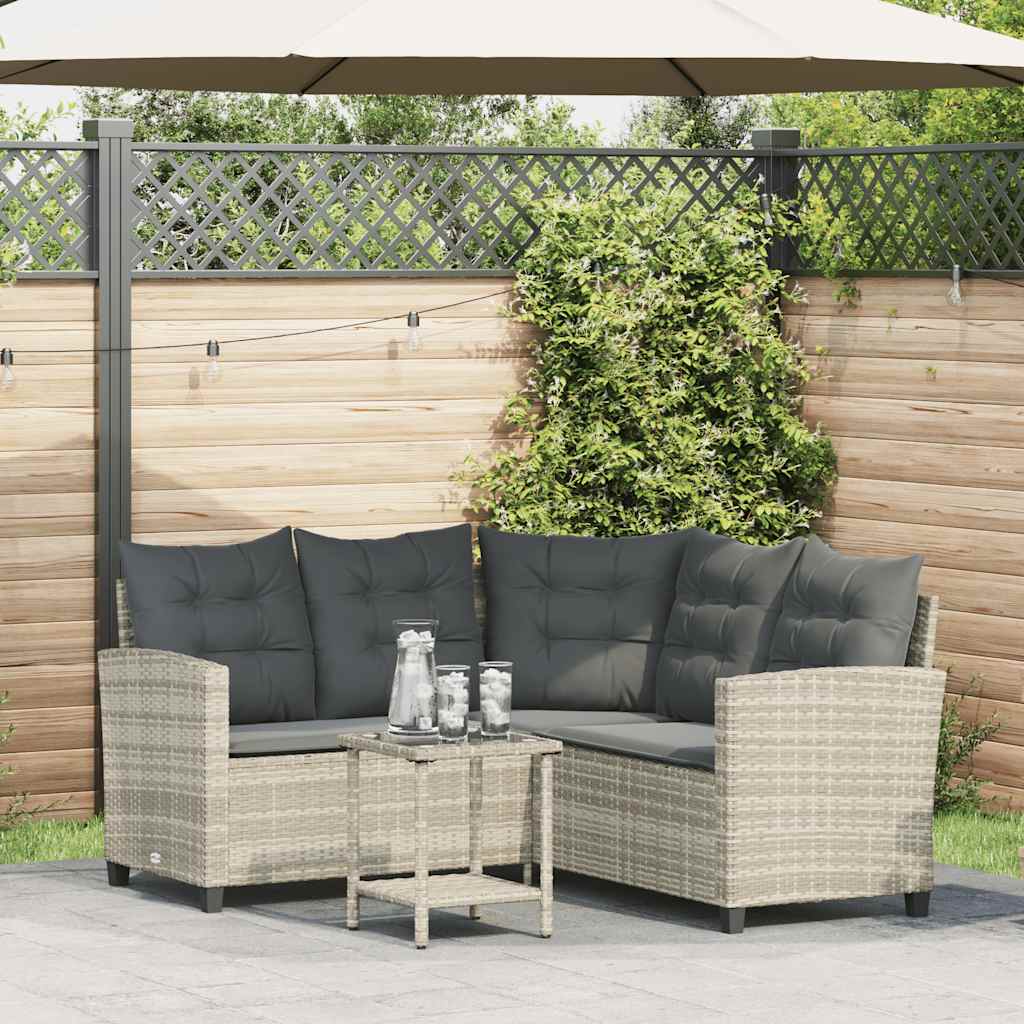 Tuinbank met tafel en kussens L-vormig poly rattan lichtgrijs is nu te koop bij PeponiXL, paradijselijk wonen!
