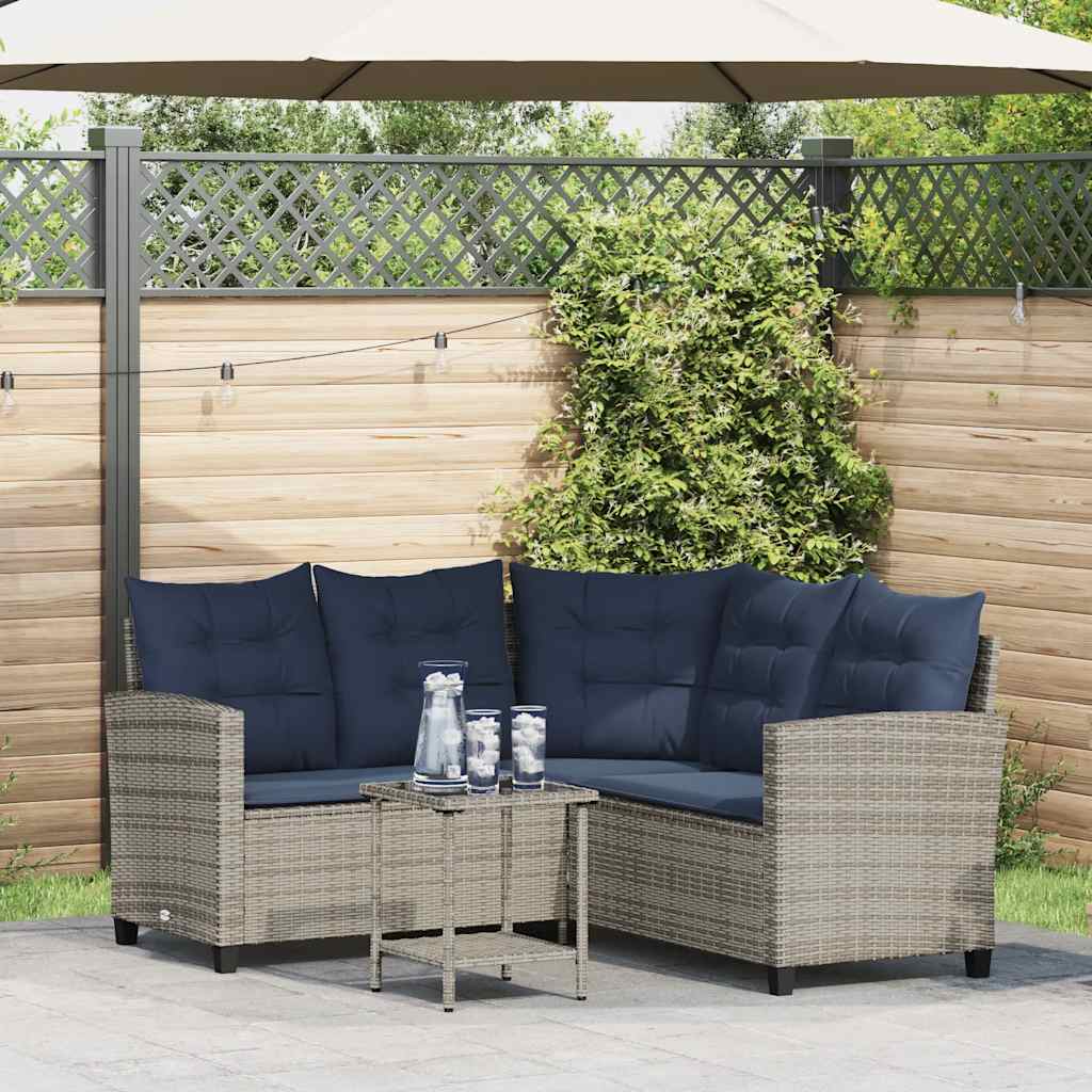Tuinbank met tafel en kussens L-vormig poly rattan grijs is nu te koop bij PeponiXL, paradijselijk wonen!