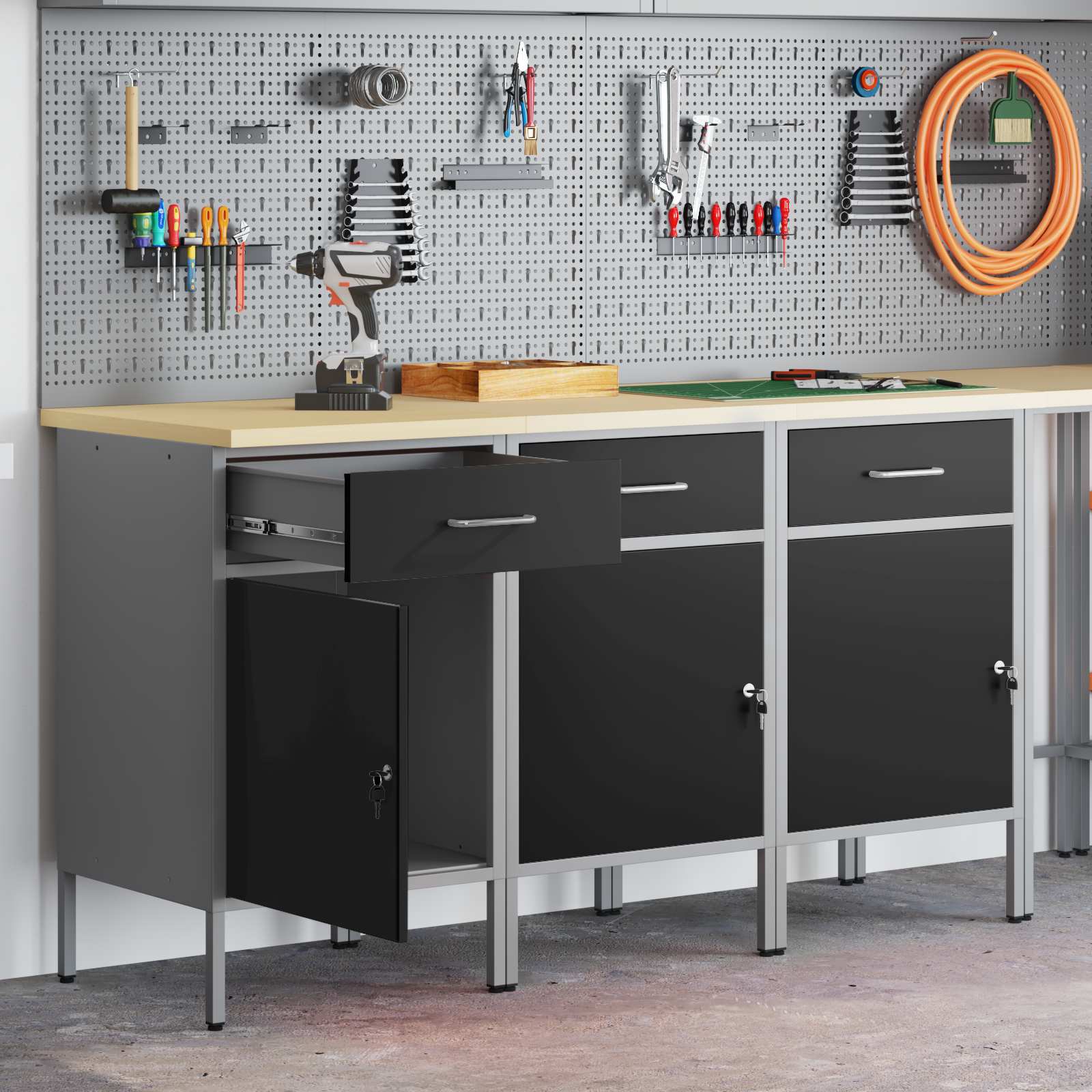 Werk kast met lade 3 pcs Zwart en Grijs 150 x 55 x 85 cm is nu te koop bij PeponiXL, paradijselijk wonen!