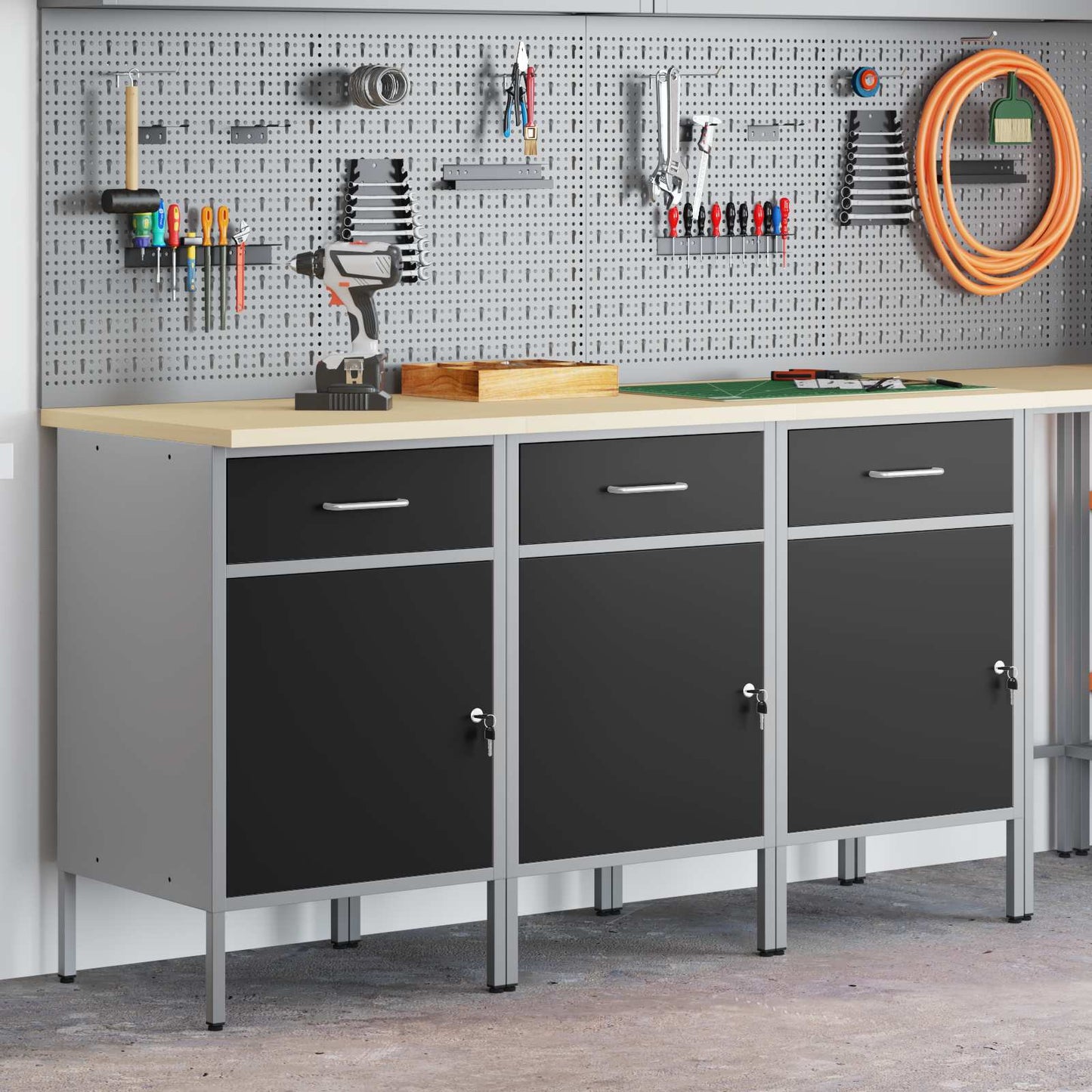 Werk kast met lade 3 pcs Zwart en Grijs 150 x 55 x 85 cm is nu te koop bij PeponiXL, paradijselijk wonen!