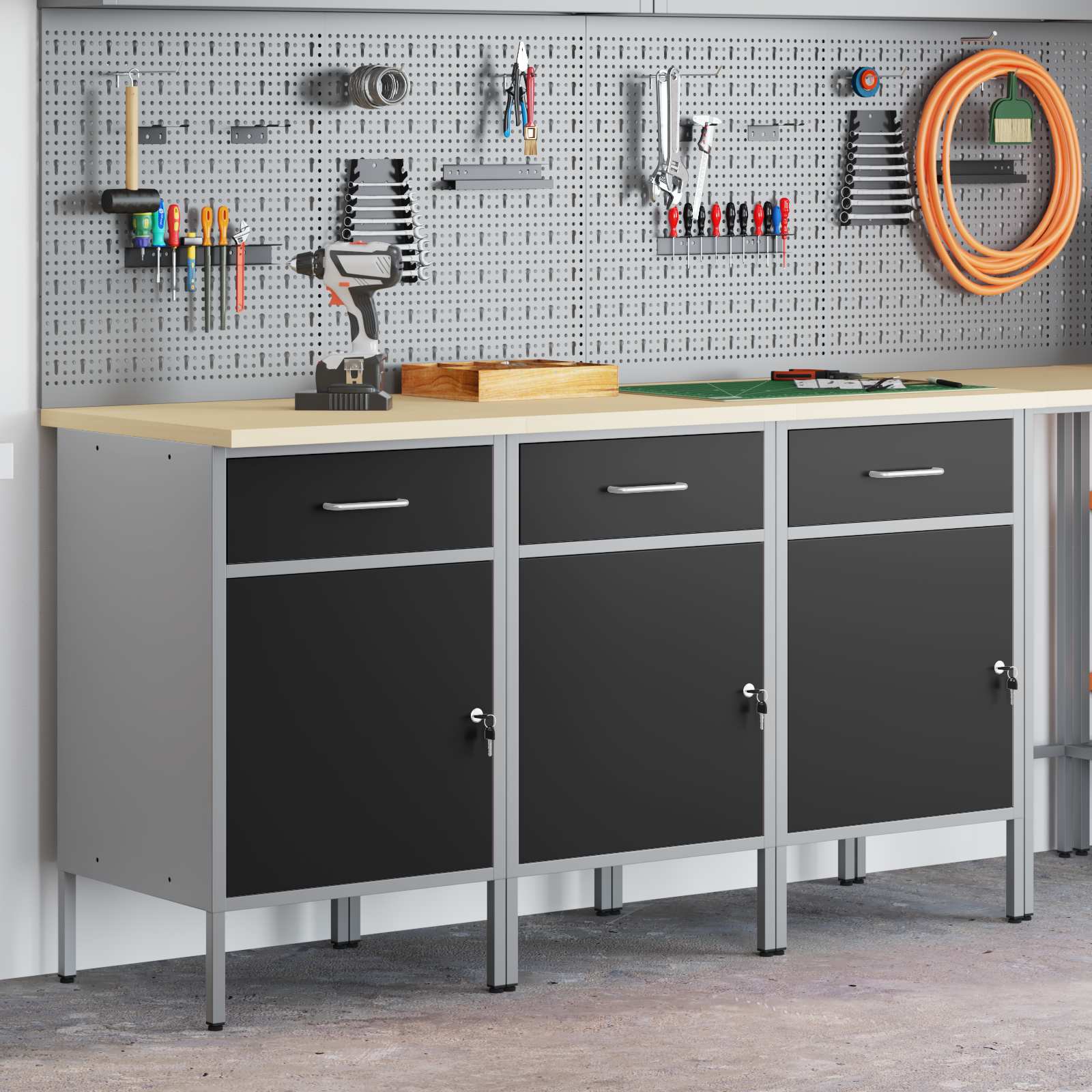 Werk kast met lade 3 pcs Zwart en Grijs 150 x 55 x 85 cm is nu te koop bij PeponiXL, paradijselijk wonen!