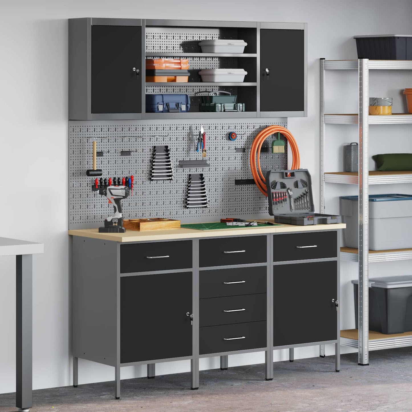 Werk kast met lade 7 pcs Zwart Engineered hout en staal
