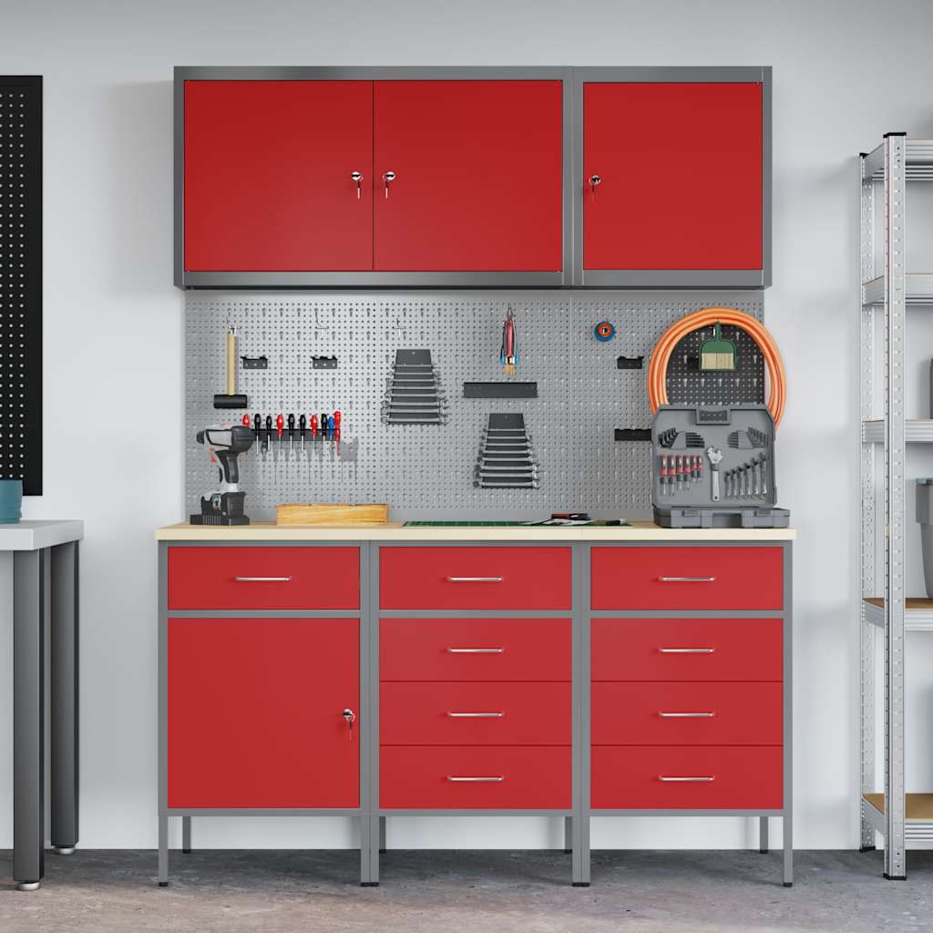 Werk kast met lade met slot 8 pcs Rood Engineered hout en staal
