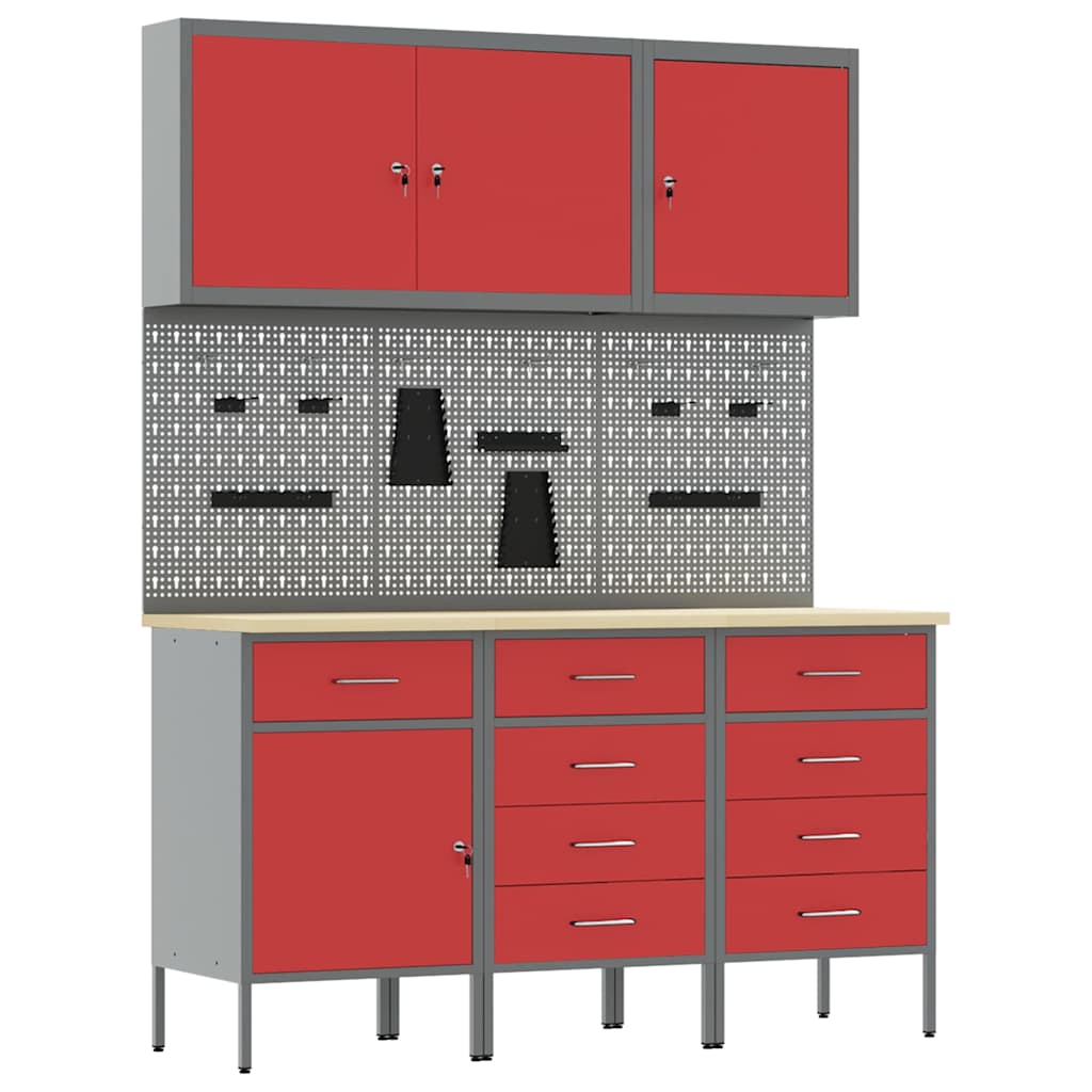 Werk kast met lade met slot 8 pcs Rood Engineered hout en staal