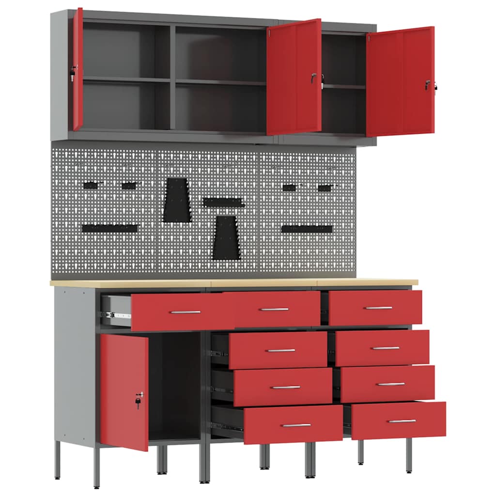 Werk kast met lade met slot 8 pcs Rood Engineered hout en staal