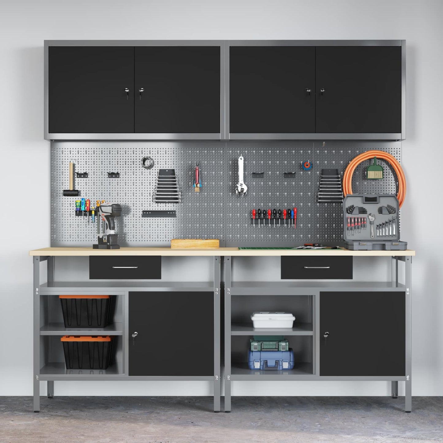 Werkbankset met lade 8 pcs Zwart en Grijs Gepoedercoat staal
