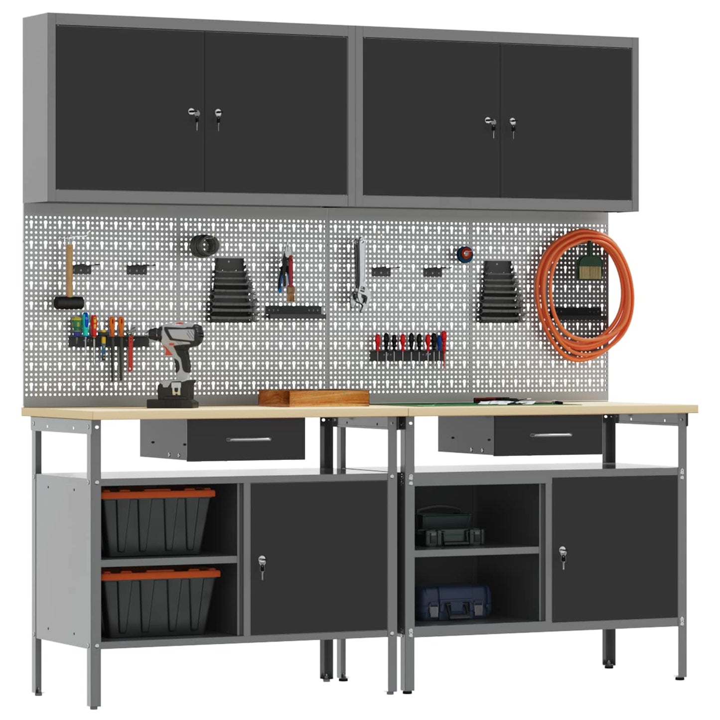 Werkbankset met lade 8 pcs Zwart en Grijs Gepoedercoat staal