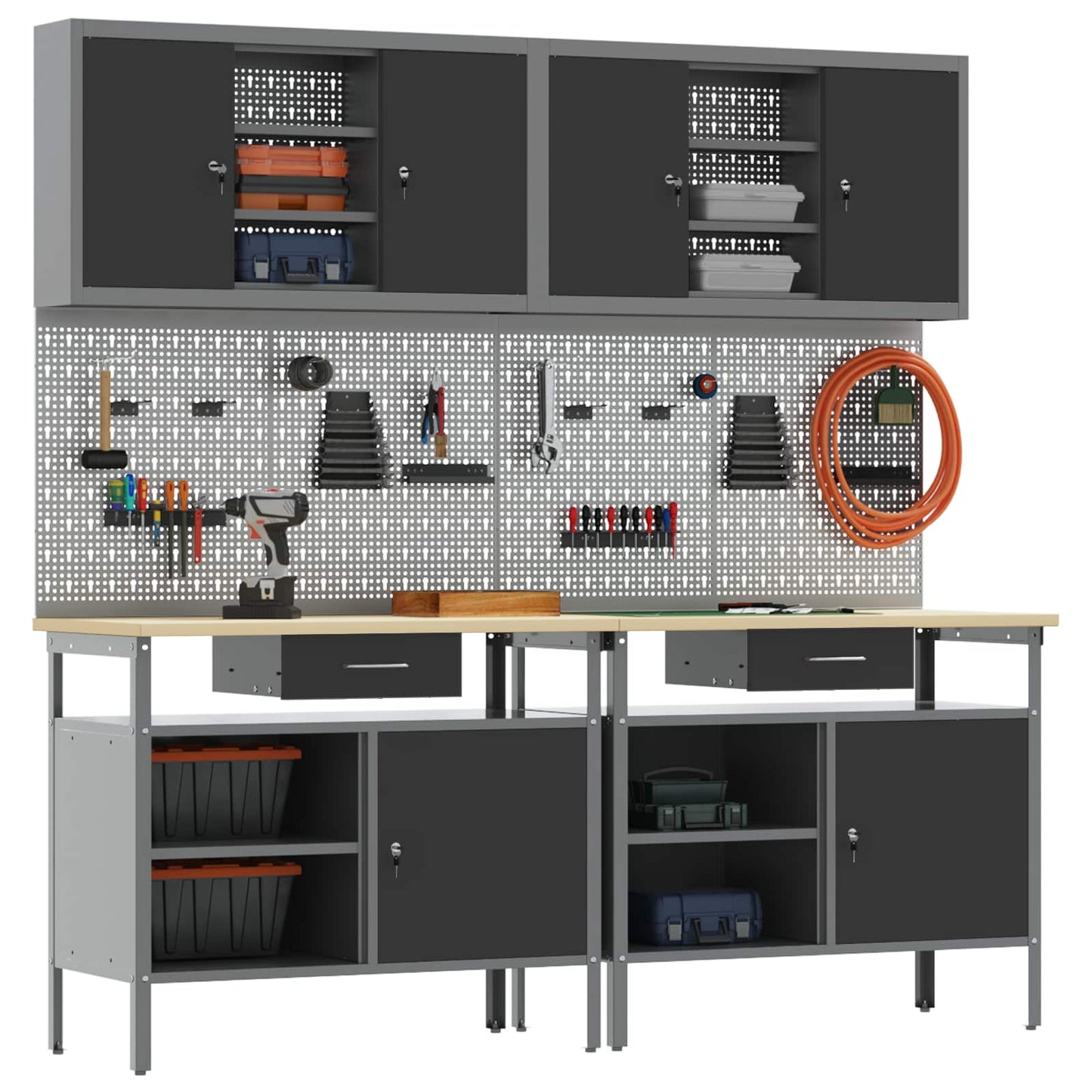Werkbankset met lade 8 pcs Rood en Grijs Gepoedercoat staal