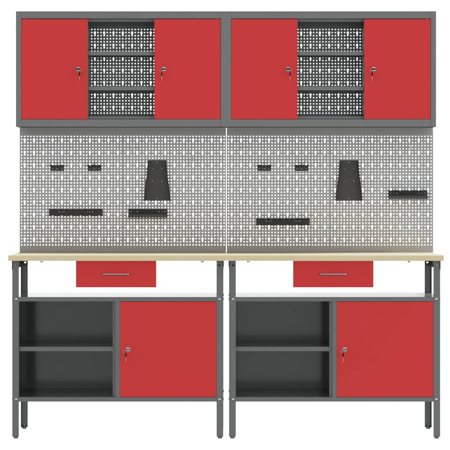 Werkbankset met lade 8 pcs Rood en Grijs Gepoedercoat staal