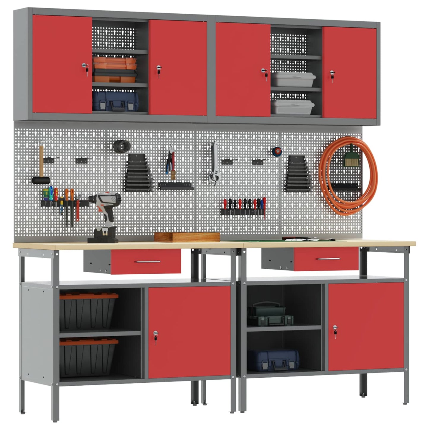Werkbankset met lade 8 pcs Rood en Grijs Gepoedercoat staal