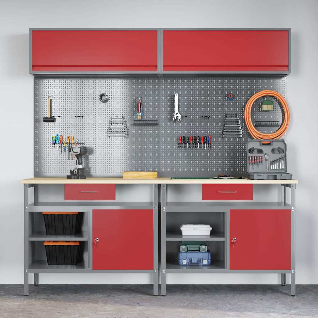 Werkbankset met lade 8 pcs Rood en Grijs Gepoedercoat staal is nu te koop bij PeponiXL, paradijselijk wonen!