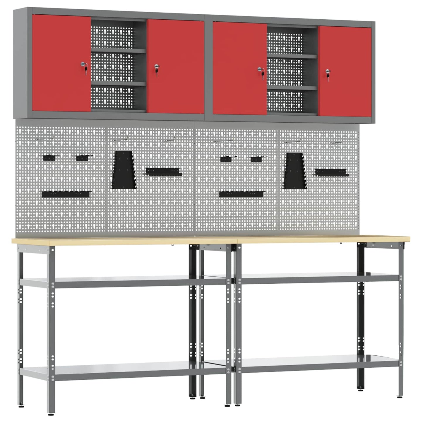 Werkbankset met plank 8 pcs Rood en Grijs Gepoedercoat staal