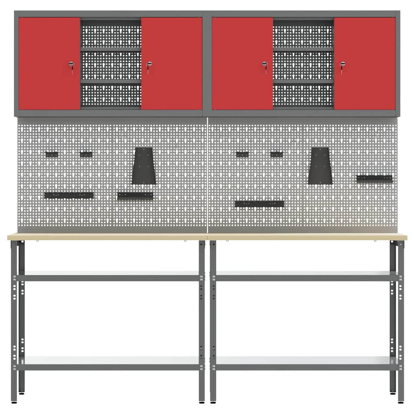 Werkbankset met plank 8 pcs Rood en Grijs Gepoedercoat staal
