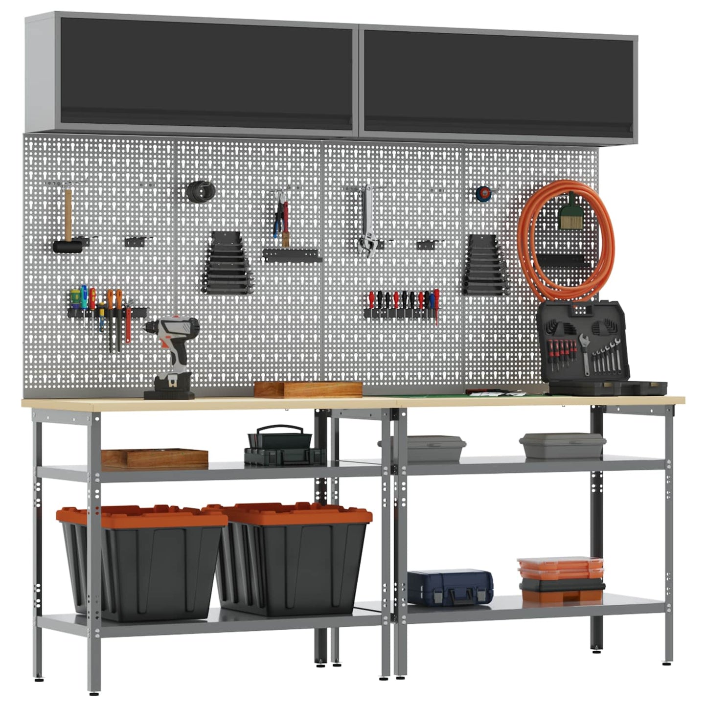 Werkbankset met plank 8 pcs Zwart en Grijs Gepoedercoat staal is nu te koop bij PeponiXL, paradijselijk wonen!