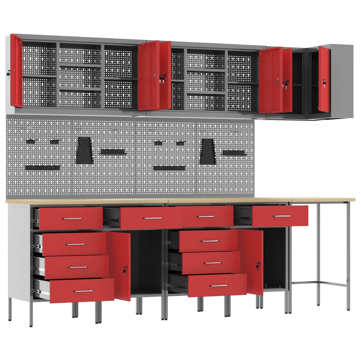 Werkkast set met lade met plank met opslag 12 pcs Rood en Grijs