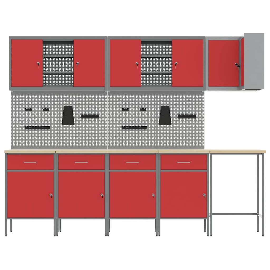 Werkkast set met lade met plank met opslag 12 pcs Rood en Grijs