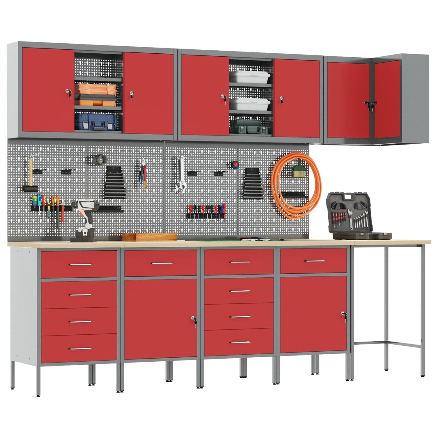 Werkkast set met lade met plank met opslag 12 pcs Rood en Grijs