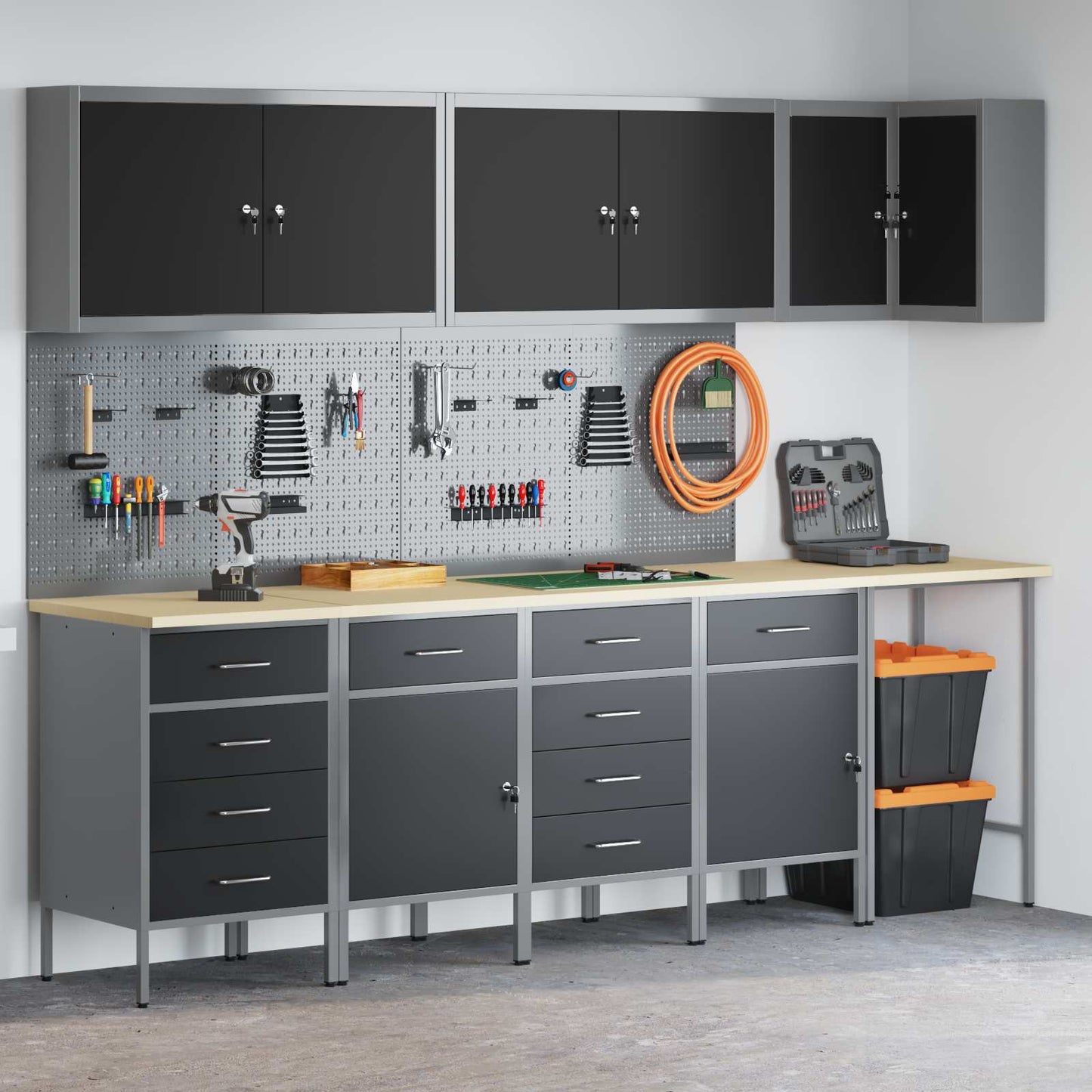 Werkkast set met lade met plank met slot 12 pcs Zwart en Grijs